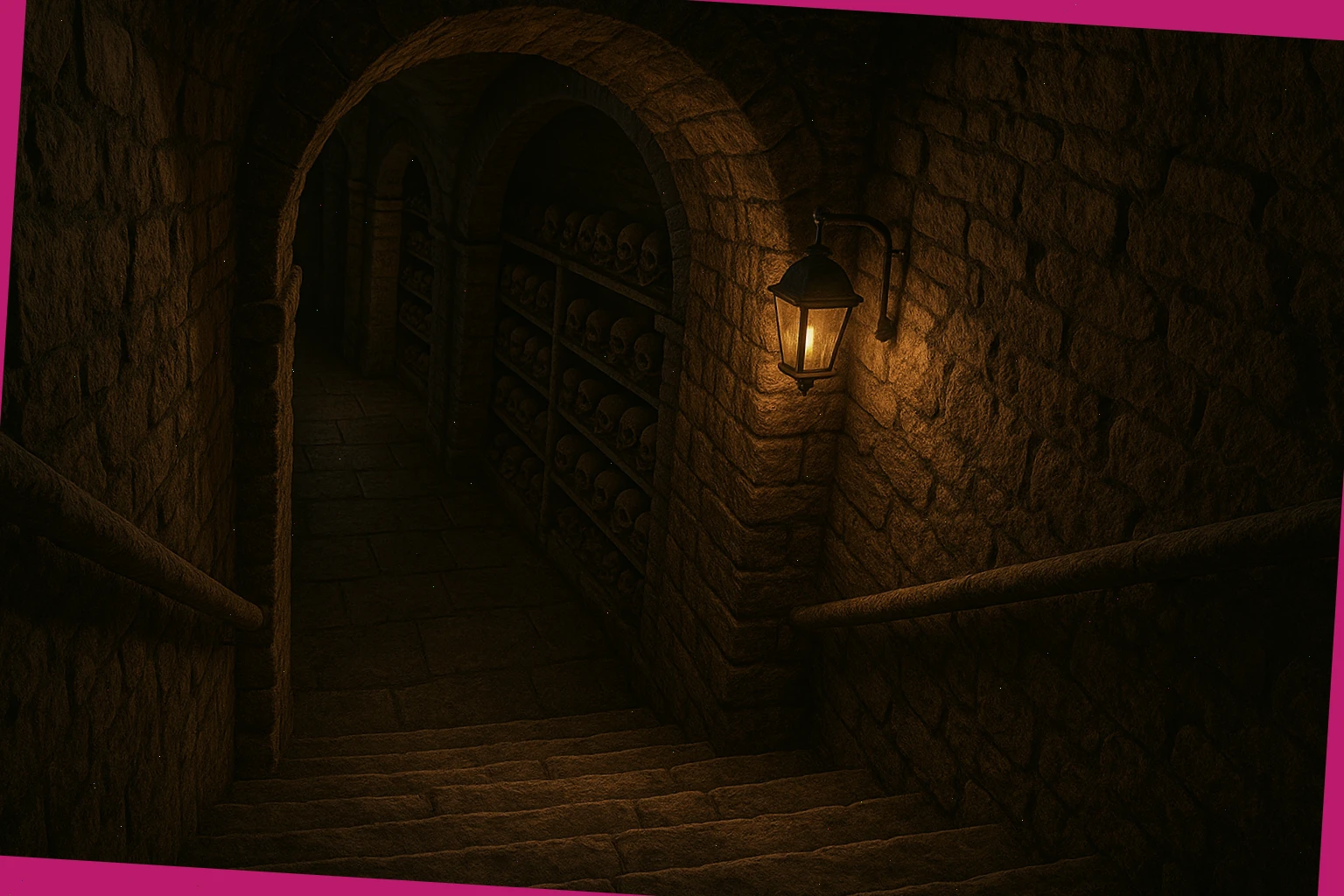 Narrow stone steps leading to a catacomb gallery