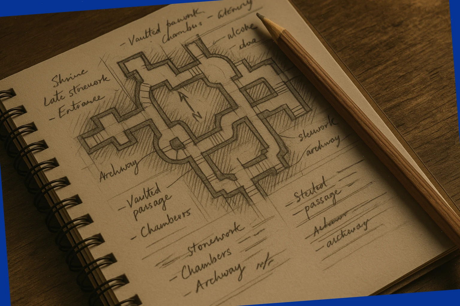 Guide notebook with sketched plan and pencil marks