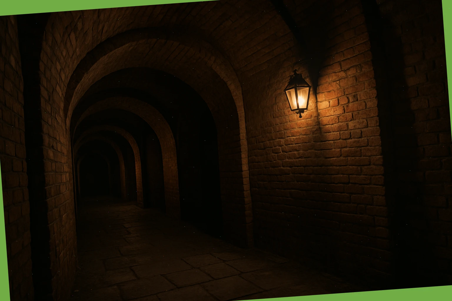 Brick tunnel arches with low lantern light